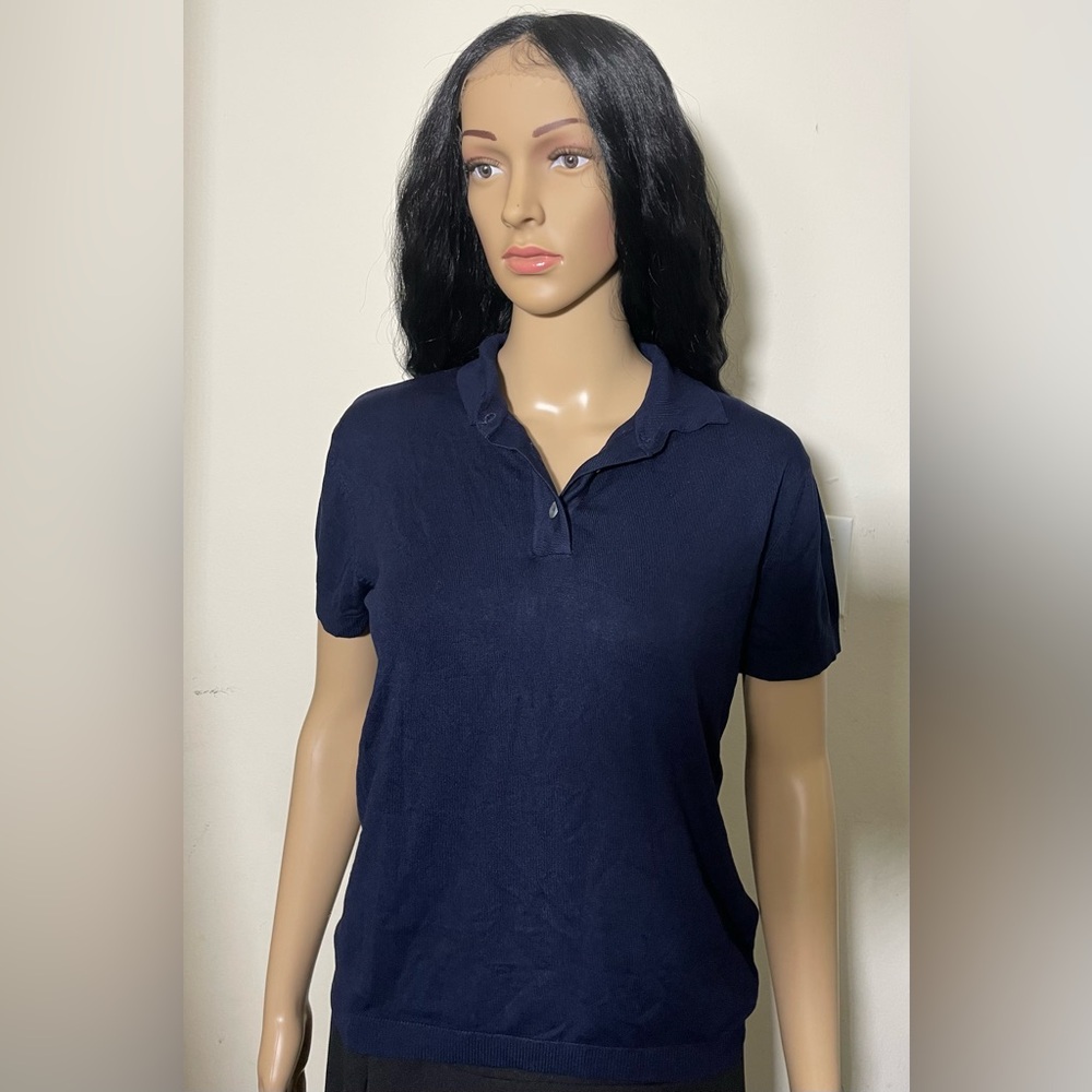 Sz S Zara women knit polo 4 button down shirt Navy Blue